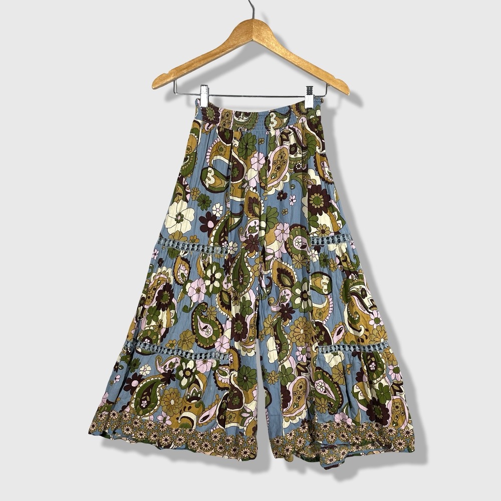 Angie Palazzo Pants Womens Small Blue Floral Paisley Boho Retro Hippie